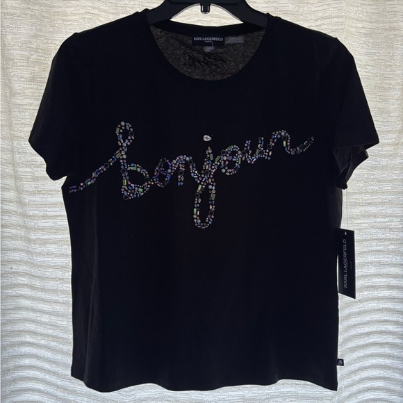 Karl Lagerfeld Rhinestone Bonjour Black T-Shirt - Picture 3 of 8
